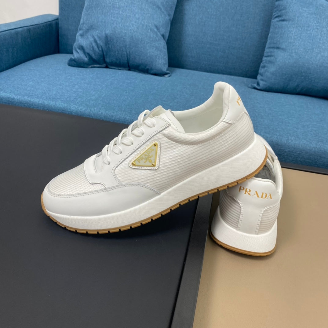 PRA SNEAKER IN WHITE CALFSKIN AND FABRIC WITH GOLDEN LOGO