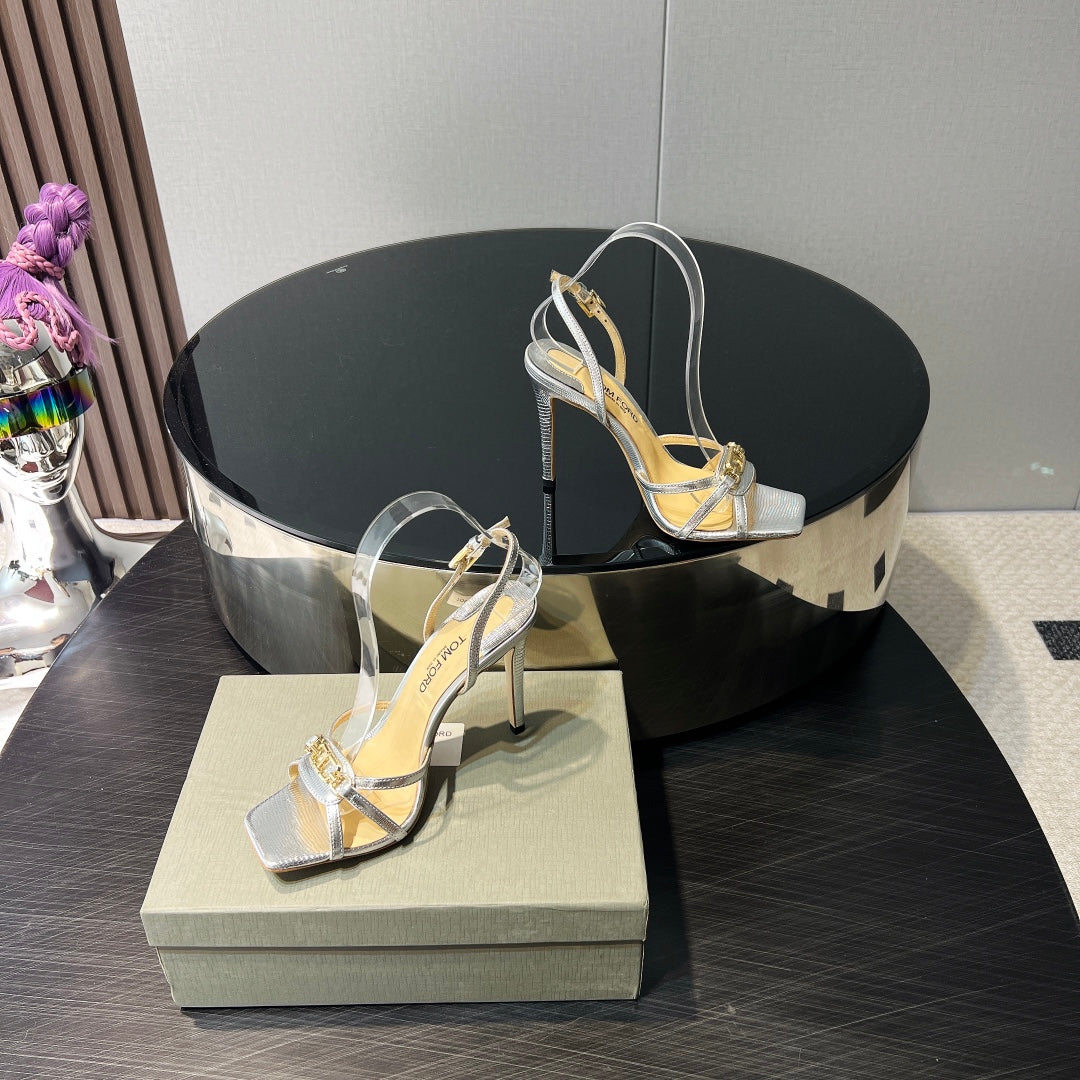 PADLOCK HIGH HEELS 10 CM IN SILVER LAMBSKIN