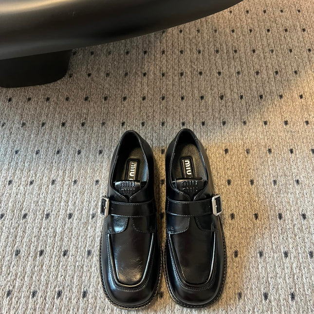 MIUMIU 26S SLIP-ON LOAFERS IN BLACK CALFSKIN SQUARE BUCKLE