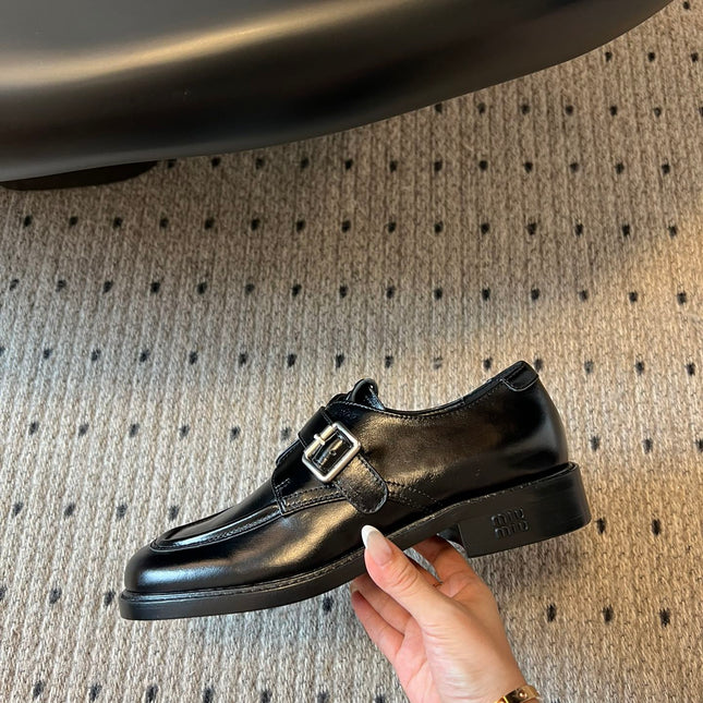 MIUMIU 26S SLIP-ON LOAFERS IN BLACK CALFSKIN SQUARE BUCKLE