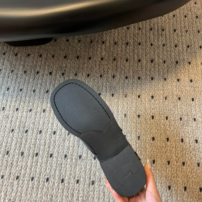 MIUMIU 26S SLIP-ON LOAFERS IN BLACK CALFSKIN SQUARE BUCKLE