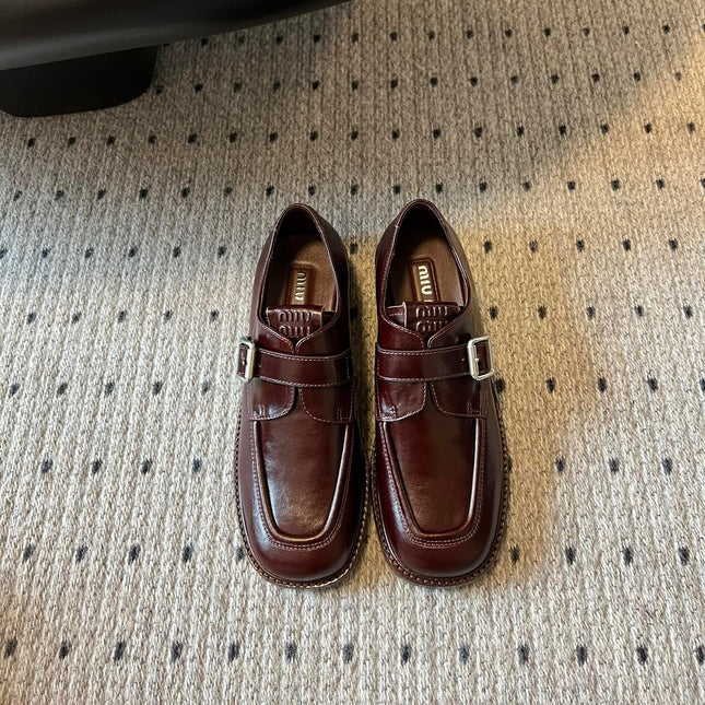 MIUMIU 26S SLIP-ON LOAFERS IN DARK REDDISH BROWN CALFSKIN SQUARE BUCKLE