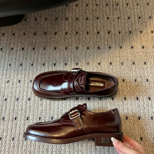 MIUMIU 26S SLIP-ON LOAFERS IN DARK REDDISH BROWN CALFSKIN SQUARE BUCKLE