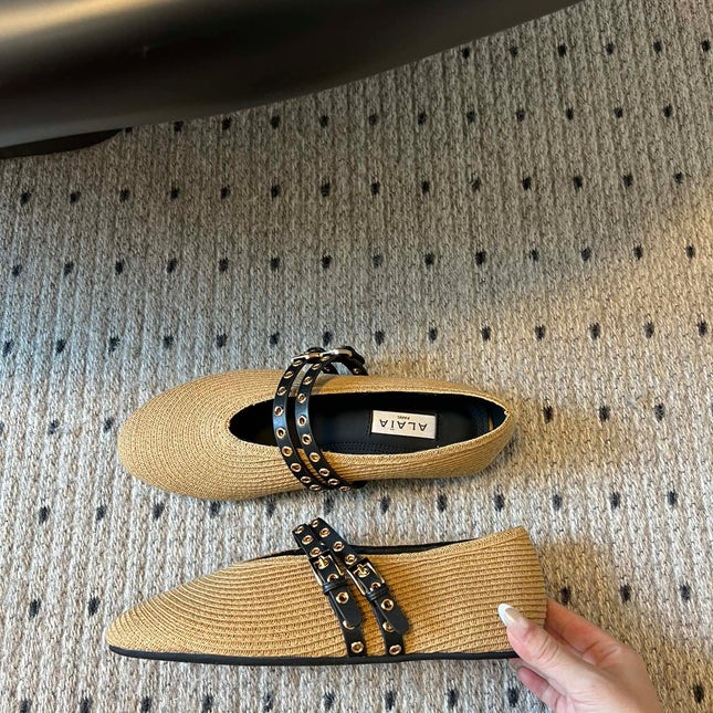 ALAIA MARY JANE SHOES IN BEIGE ZP CUSTOM STRAW AND DENIM
