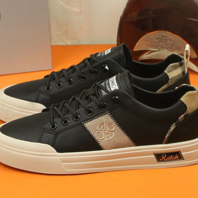 PRA TRAINER IN BLACK CALFSKIN AND TAN EMBROIDERED FABRIC