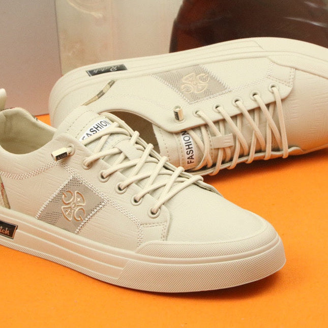 PRA TRAINER IN BEIGE CREAM CALFSKIN AND TAN EMBROIDERED FABRIC