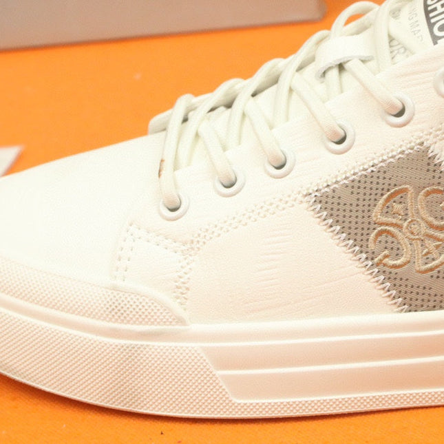 PRA TRAINER IN WHITE CALFSKIN AND TAN EMBROIDERED FABRIC