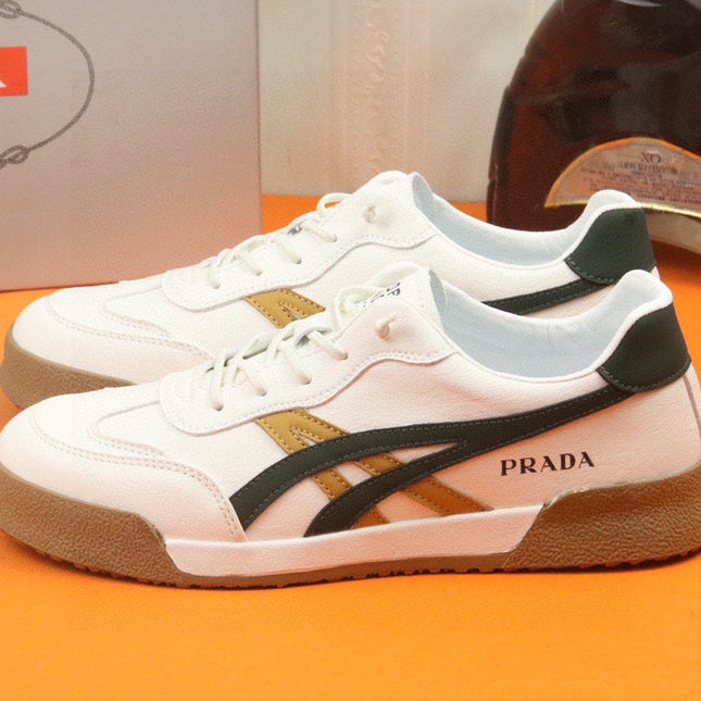 PRA SNEAKER IN WHITE CALFSKIN WITH BLACK AND YELLOW STRIPED