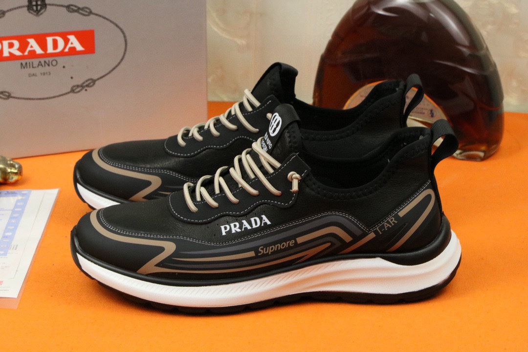 PRA SNEAKER IN BLACK MIX GOLD CALFSKIN AND BREATHABLE MESH