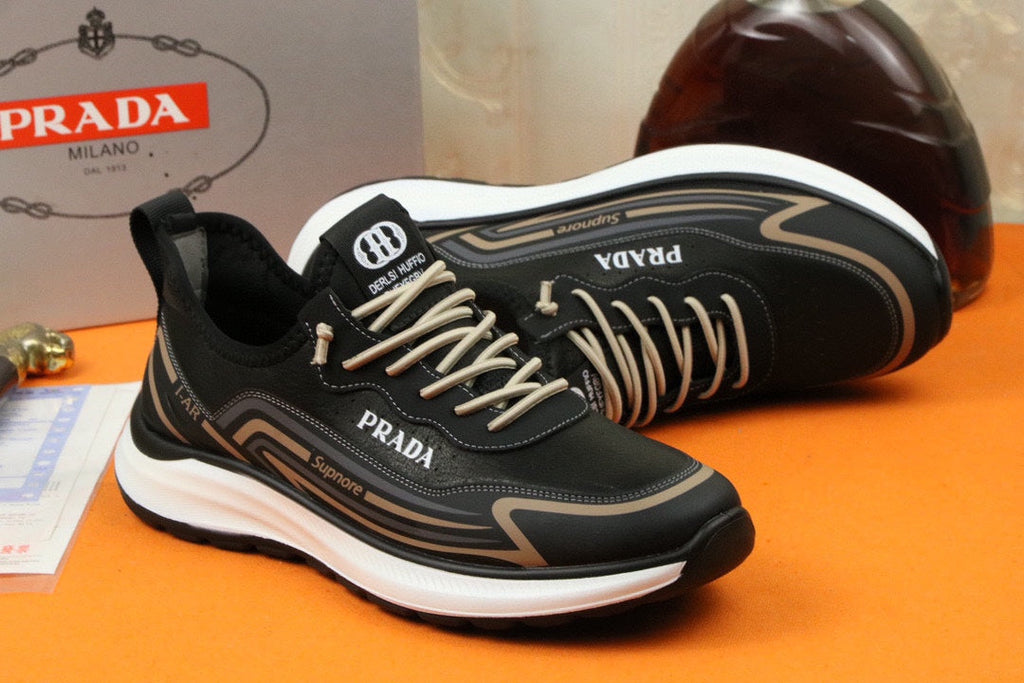 PRA SNEAKER IN BLACK MIX GOLD CALFSKIN AND BREATHABLE MESH