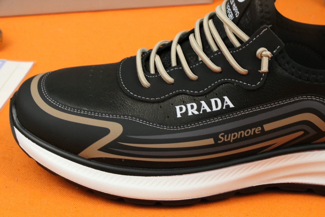 PRA SNEAKER IN BLACK MIX GOLD CALFSKIN AND BREATHABLE MESH