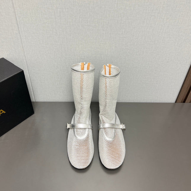 ALAIA SHORT BOOTS IN SILVER MESH FISHNET