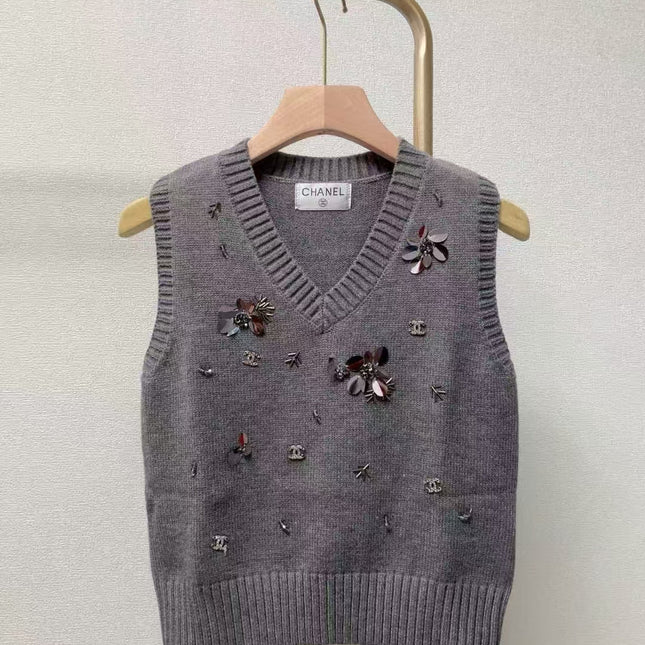 CC Sequined ribbed V-neck knitted vest
