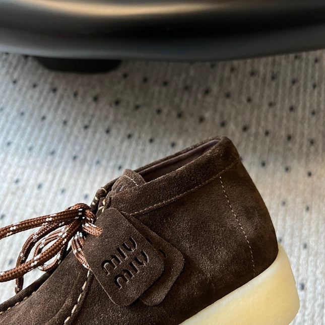 MIUMIU 26S CHUKKA BOOTS IN DARK BROWN SUEDE