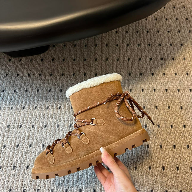 MIUMIU 26S LACE-UP ANKLE BOOTS IN CARAMEL BROWN SUEDE AND WOOL