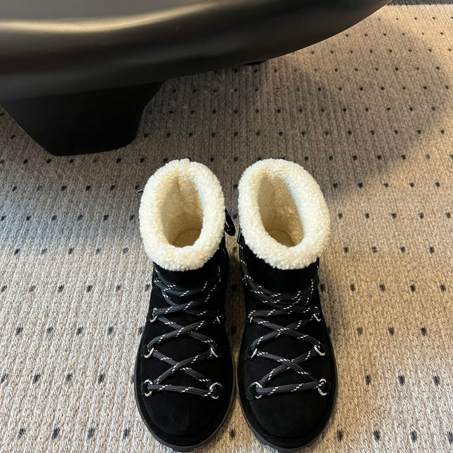 MIUMIU 26S LACE-UP ANKLE BOOTS IN BLACK SUEDE AND WOOL