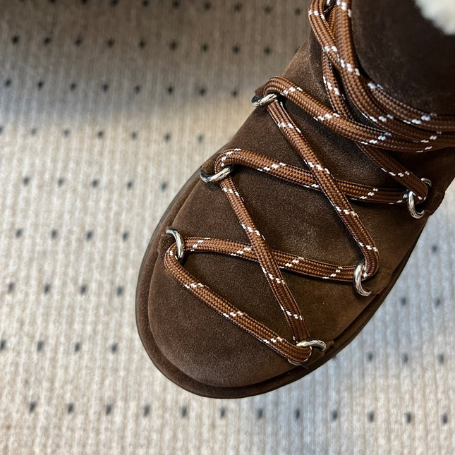 MIUMIU 26S LACE-UP ANKLE BOOTS IN DARK BROWN SUEDE AND WOOL