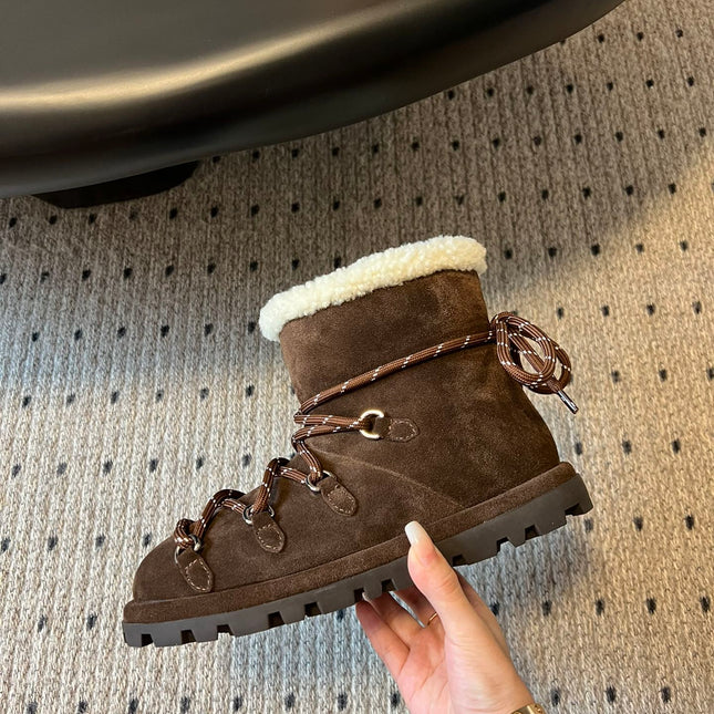 MIUMIU 26S LACE-UP ANKLE BOOTS IN DARK BROWN SUEDE AND WOOL