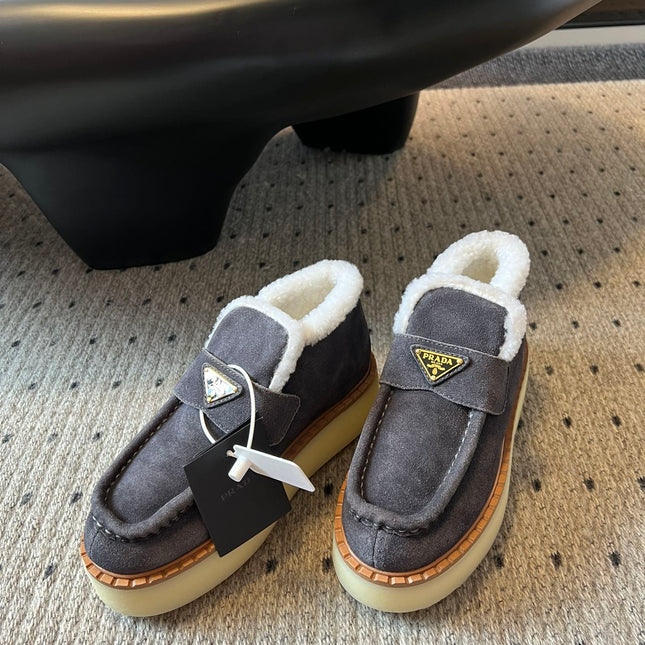 PRADA WHITE SHEARLING LOAFERS IN GREY SUEDE