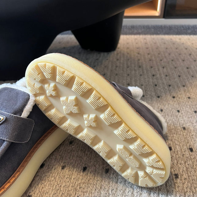 PRADA WHITE SHEARLING LOAFERS IN GREY SUEDE