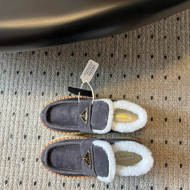 PRADA WHITE SHEARLING LOAFERS IN GREY SUEDE