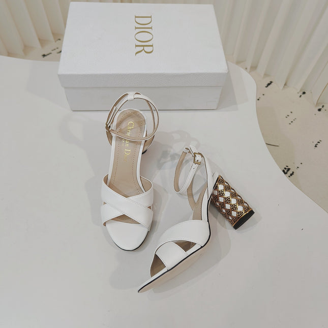 DIOR 26S METALLIC-HEEL SANDALS 80 MM IN WHITE LAMBSKIN