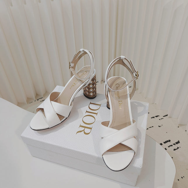DIOR 26S METALLIC-HEEL SANDALS 80 MM IN WHITE LAMBSKIN