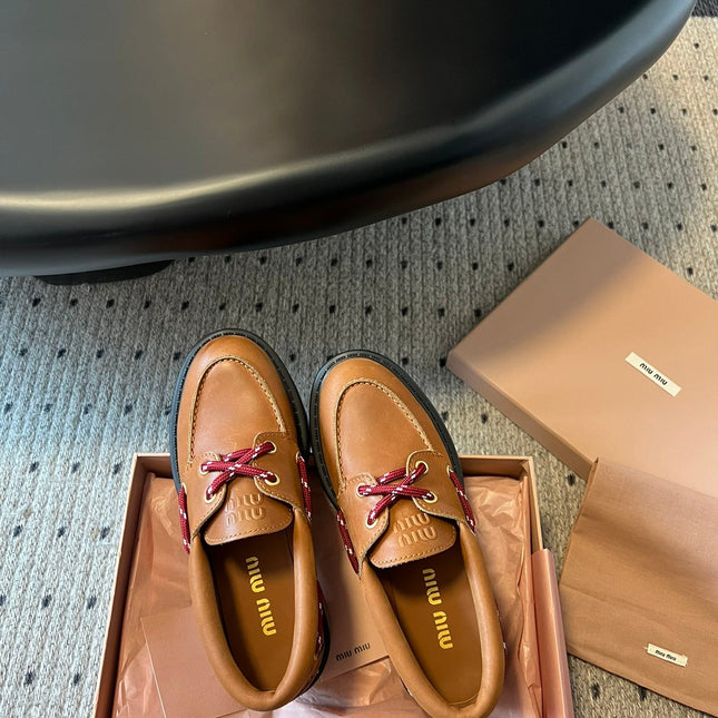 MIUMIU 26S CHUNKY SOLE LOAFERS IN TAN BROWN CALFSKIN