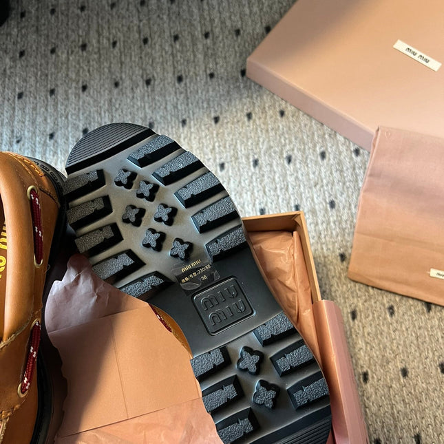 MIUMIU 26S CHUNKY SOLE LOAFERS IN TAN BROWN CALFSKIN