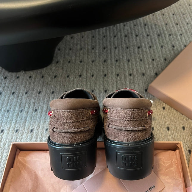 MIUMIU 26S CHUNKY SOLE LOAFERS IN DARK BROWN SUEDE