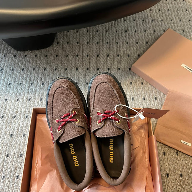 MIUMIU 26S CHUNKY SOLE LOAFERS IN DARK BROWN SUEDE