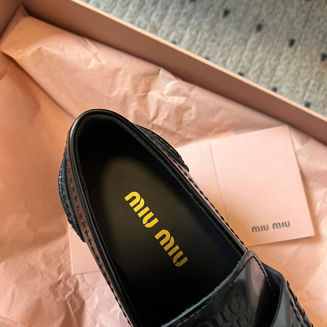 MIUMIU 26S LOAFERS 60MM IN BLACK SHINY CALFSKIN