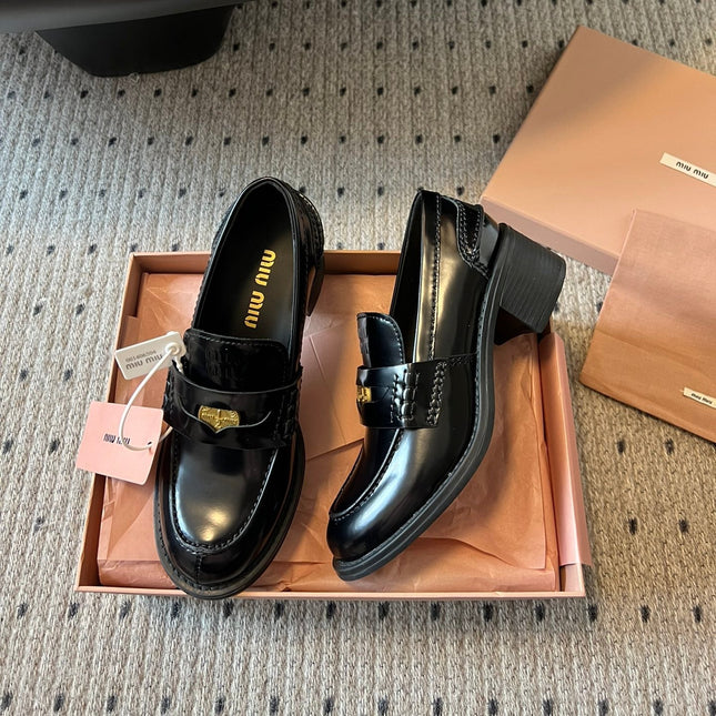 MIUMIU 26S LOAFERS 60MM IN BLACK SHINY CALFSKIN