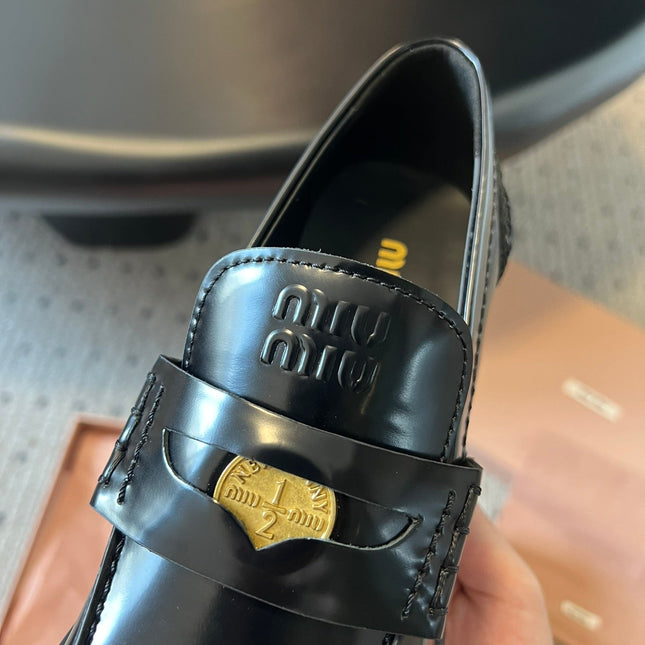MIUMIU 26S LOAFERS 60MM IN BLACK SHINY CALFSKIN