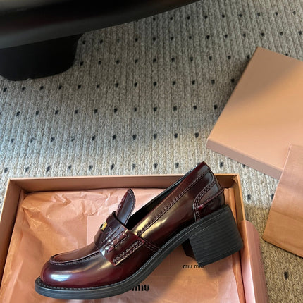 MIUMIU 26S LOAFERS 60MM IN BURGUNDY BROWN SHINY CALFSKIN
