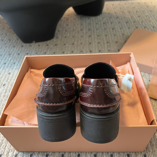 MIUMIU 26S LOAFERS 60MM IN BURGUNDY BROWN SHINY CALFSKIN