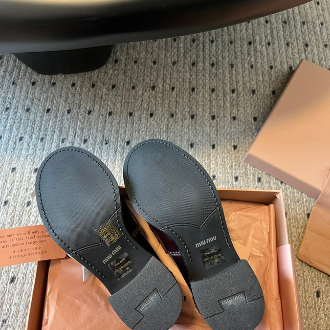 MIUMIU 26S LOAFERS 60MM IN BURGUNDY BROWN SHINY CALFSKIN
