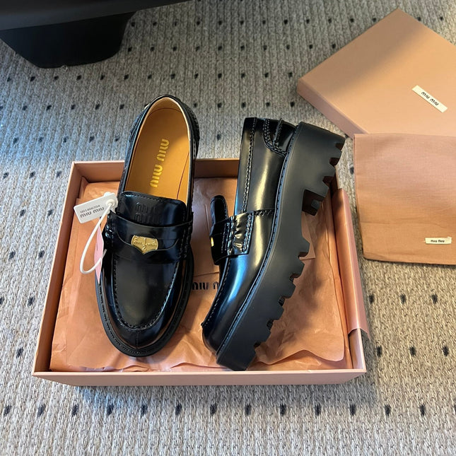 MIUMIU 26S PENNY LOAFERS IN BLACK SHINY CALFSKIN