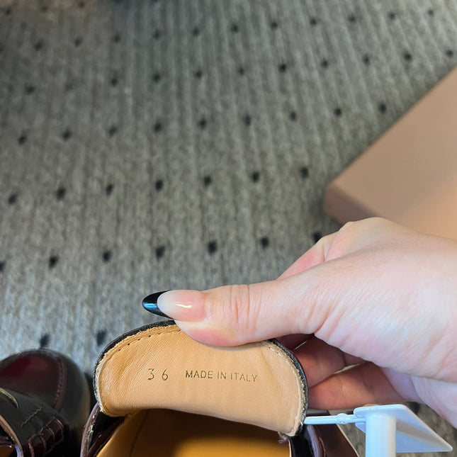MIUMIU 26S PENNY LOAFERS IN BURGUNDY BROWN SHINY CALFSKIN