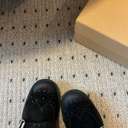 MIUMIU 26S LACE-UP BROGUE LOAFERS IN BLACK SUEDE