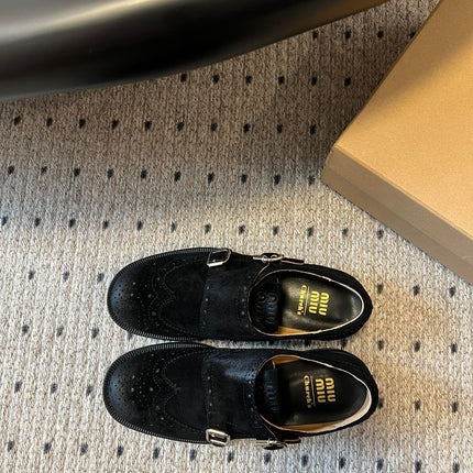 MIUMIU 26S LACE-UP BROGUE LOAFERS IN BLACK SUEDE