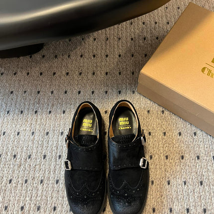 MIUMIU 26S LACE-UP BROGUE LOAFERS IN BLACK SUEDE
