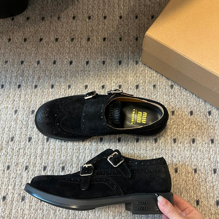 MIUMIU 26S LACE-UP BROGUE LOAFERS IN BLACK SUEDE
