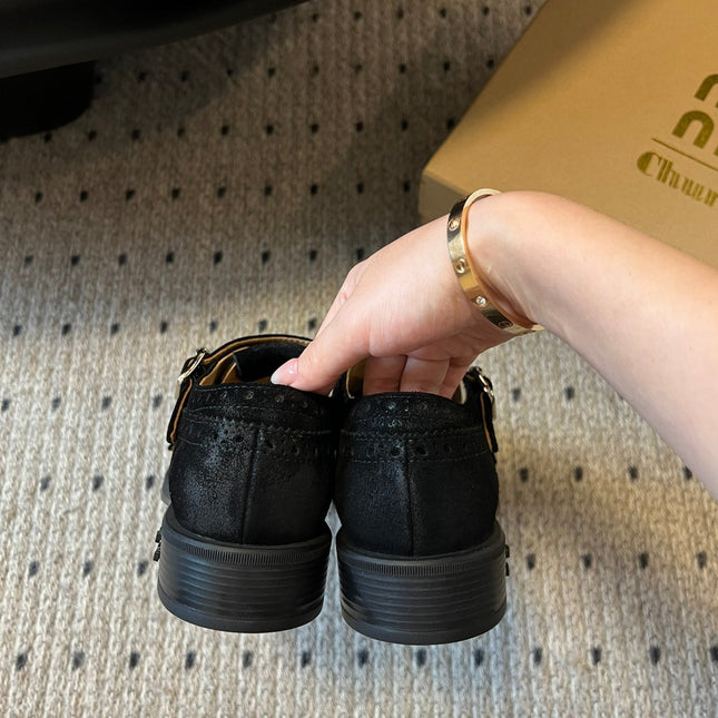 MIUMIU 26S LACE-UP BROGUE LOAFERS IN BLACK SUEDE