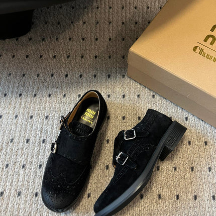 MIUMIU 26S LACE-UP BROGUE LOAFERS IN BLACK SUEDE