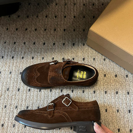 MIUMIU 26S LACE-UP BROGUE LOAFERS IN CHOCOLATE BROWN SUEDE