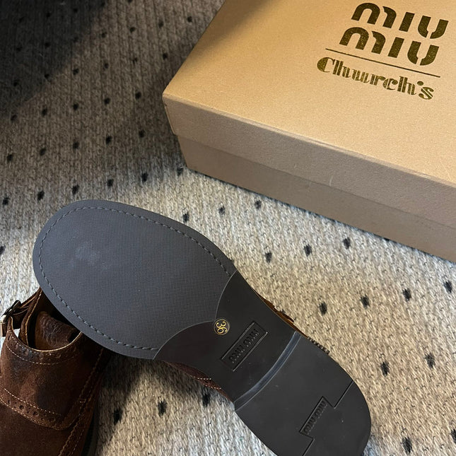 MIUMIU 26S LACE-UP BROGUE LOAFERS IN CHOCOLATE BROWN SUEDE