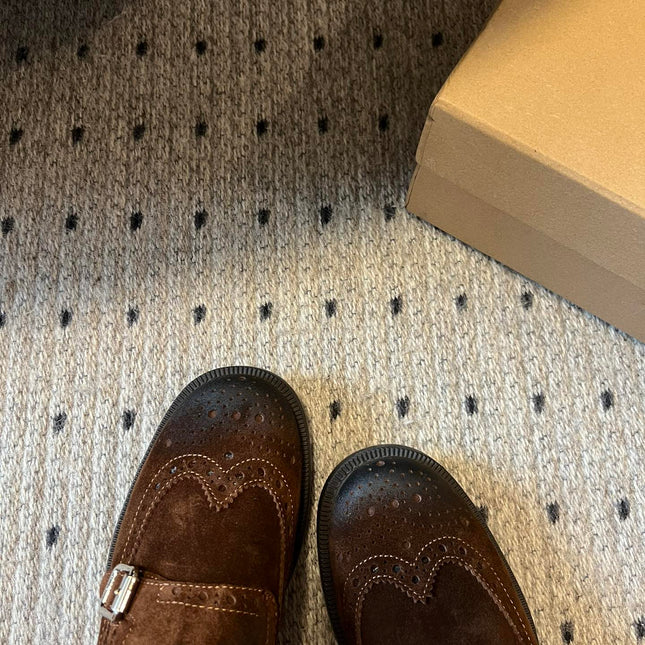 MIUMIU 26S LACE-UP BROGUE LOAFERS IN CHOCOLATE BROWN SUEDE