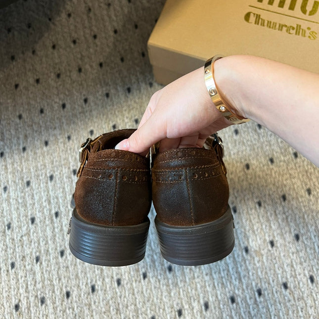 MIUMIU 26S LACE-UP BROGUE LOAFERS IN CHOCOLATE BROWN SUEDE