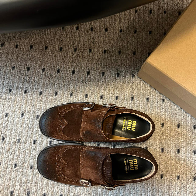 MIUMIU 26S LACE-UP BROGUE LOAFERS IN CHOCOLATE BROWN SUEDE